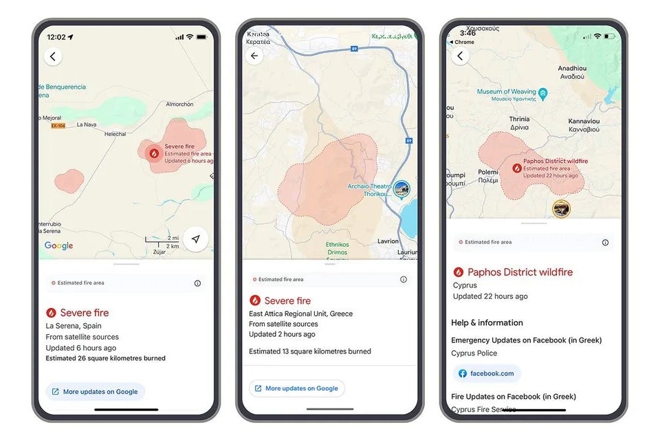 Wildfire boundaries are shown in Search and Maps. | Image credit – Google - Google expands its wildfire tracker to more countries