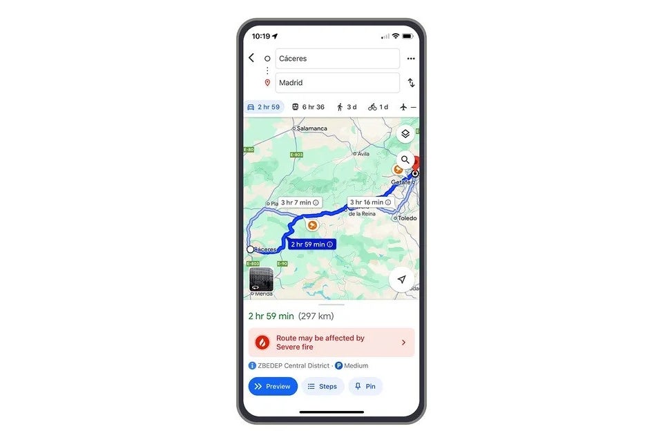 Google Maps driving directions also include wildfire updates. | Image credit – Google - Google expands its wildfire tracker to more countries