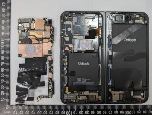 A live image showcasing the Pixel 9 Pro Fold parts, including the two batteries inside. - Pixel 9 Pro Fold battery and charging: Expected changes