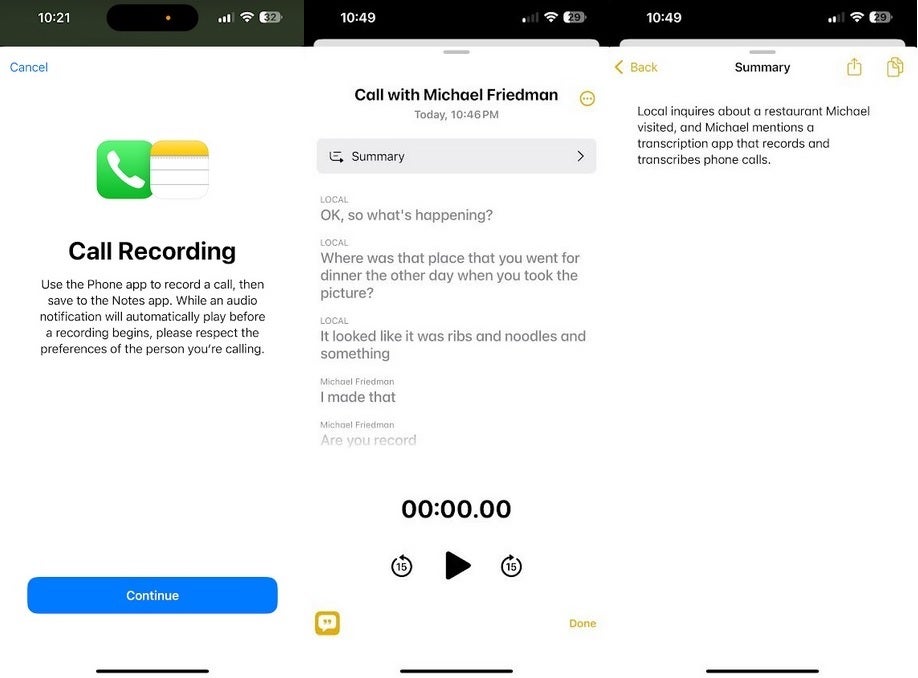 Call recording and transcription records your call, delivers a transcription, and summarizes the conversation. | Image credit-PhoneArena - Here's a very useful AI feature now found in the Apple Intelligence Beta