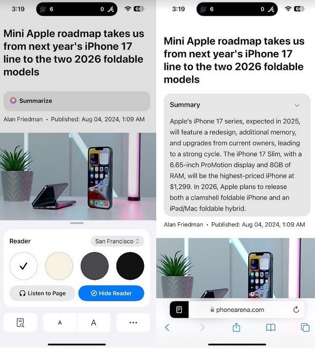 Ringkaslah halaman web, dalam hal ini, cerita PhoneArena, menggunakan Apple Intelligence. | Kredit gambar-PhoneArena - Apple Intelligence akan hadir pada bulan Oktober; apakah Apple akan menunda seri iPhone 16?