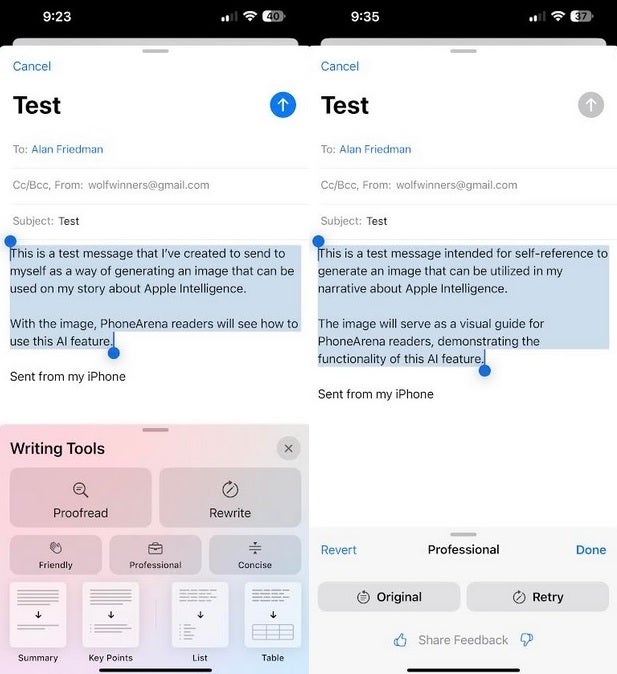 Writing Tools le da al correo electrónico un tono más profesional. | Crédito de la imagen: PhoneArena - Apple Intelligence llegará en octubre; ¿Apple retrasará la serie iPhone 16?