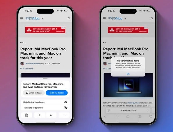 Distraction Controls removes elements from webpages and is available in iOS 18 Developer Beta five. | Image credit 9to5Mac - Apple releases iOS 18 Developer Beta 5 with Distraction Controls for Safari