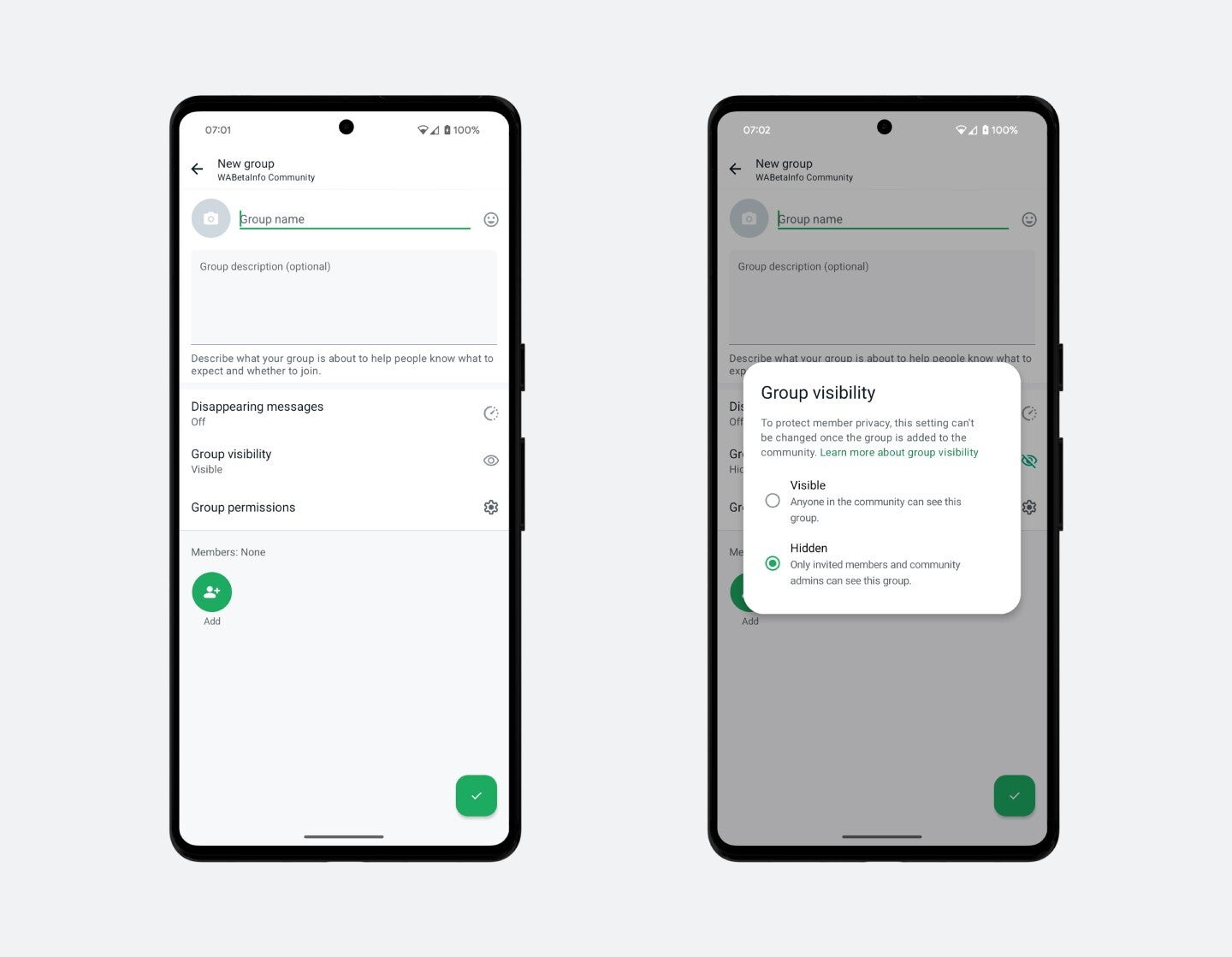 An option to manage the visibility of new groups is in the works. | Image credit – WABetaInfo - WhatsApp to give community admins more control over group visibility