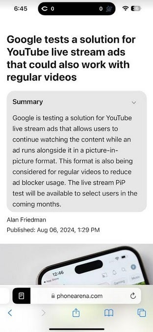 Apple Intelligence summarizes a PhoneArena.com story on Safari. | Image credit-PhoneArena - Apple is reportedly about to release a new iOS build for iPhone users