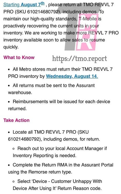 Leaked internal T-Mobile memo tells stores to return all REVVL 7 Pro 5G units including demos. | Image credit-The Mobile Report - T-Mobile pulls REVVL 7 Pro phones from its stores