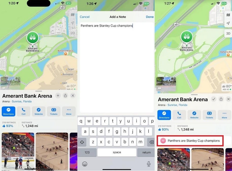 Saved Places, a new feature for Apple Maps in iOS 18, allows you to write notes about a location. | Image credit-PhoneArena - Apple might be working on a version of the Apple Maps app for Android