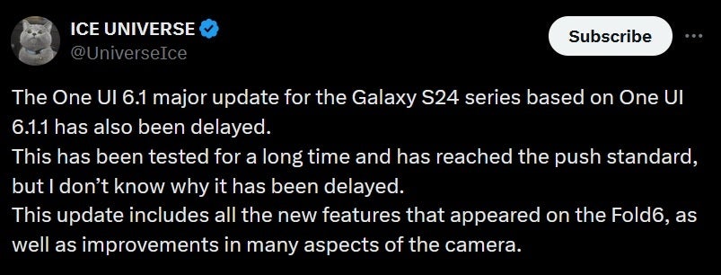 One UI 6.1.1 is being delayed according to leaker Ice Universe... | Image credit-X - Update containing camera improvements for the Galaxy S24 Ultra has been delayed...or has it?