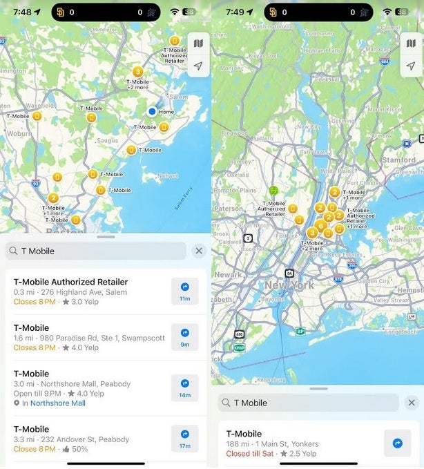 Search for T-Mobile stores in Boston, move the map to Yonkers and tap the 'Search Here' button to see the T-Mobile stores at your destination. | Image credit-PhoneArena - Useful "Search Now" button appears in Apple Maps when iOS 18 is installed
