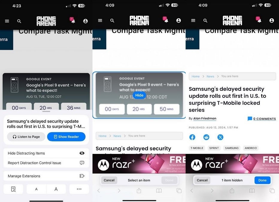 Distraction Control removes distracting elements from websites viewed on Safari. | Image credit-PhoneArena - Apple releases iOS 18.1 Developer Beta 2 with a cool Safari feature missing from the first Beta