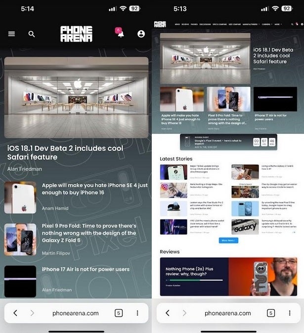 Mobile (L) and Desktop (R) versions of the PhoneArena website on Opera One for iOS. | Image credit-PhoneArena - Opera's new app for iOS has so many great features, it might be your new default browser