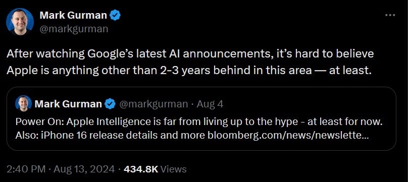 Bloomberg&#039;s Mark Gurman says when it comes to AI, Apple is at least 2 to 3 years behind Google. | Image credit-X - At best, Apple is 2-3 years behind Google in AI says Apple insider