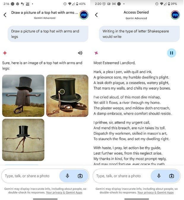 Gemini will create images and write a letter to your landlord in the style of Shakespeare. | Image credit-PhoneArena - At best, Apple is 2-3 years behind Google in AI says Apple insider