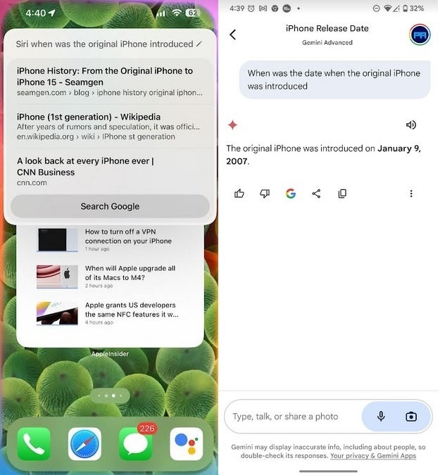 Siri gives you websites to read (L) while Gemini just gives you the answer (R). | Image credit-PhoneArena - At best, Apple is 2-3 years behind Google in AI says Apple insider