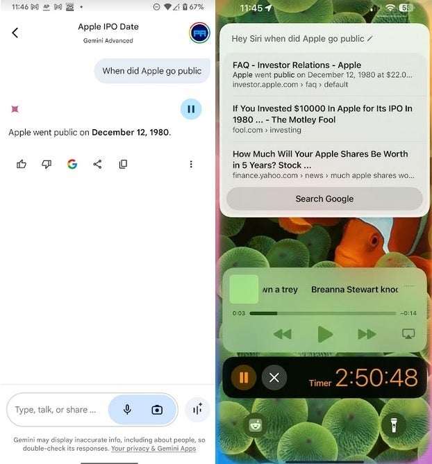 When did Apple go public? Siri gives us three websites to read (R) while Gemini Advanced just gives us the right answer (L). | Image credit-PhoneArena - Pixel 6 Pro features I miss and Google's AI presentation has me feeling the pull of the Pixel 9 line