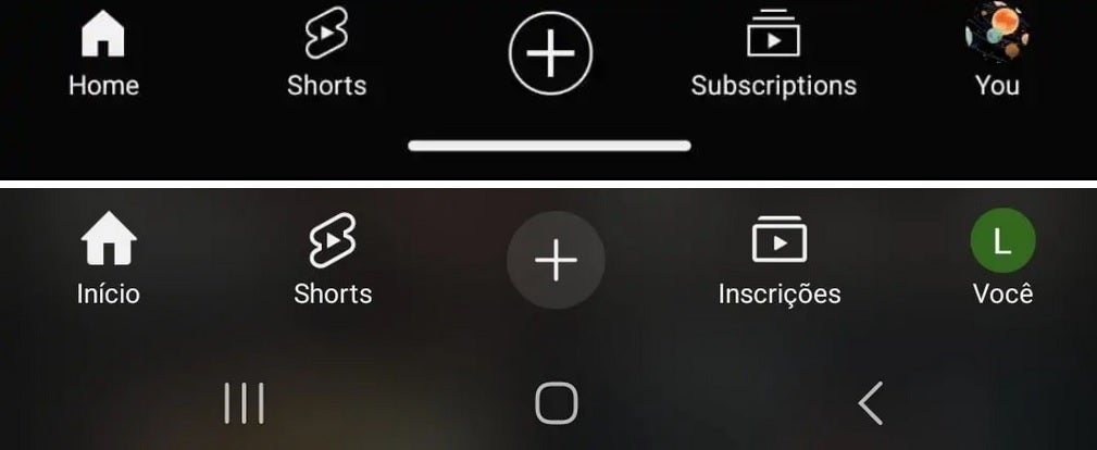 On top is the current YouTube bottom bar and on the bottom is the new bar being tested (note that this user kept the three-button navigation). | Image credit-9to5Google - It's subtle, but it's there: Google tests design change for the Android YouTube app