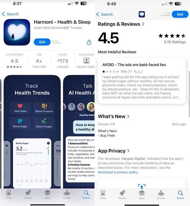 The app Harmoni Health & Sleep appears to claim in ads that their app can measure a user's blood sugar levels. | Image credit: PhoneArena - This is the biggest scam on the App Store right now and Apple is doing nothing about it