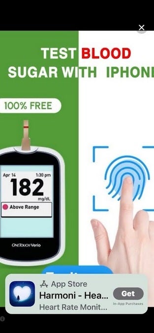 Misleading ad for Harmoni-Health &amp;amp; Sleep says you can test your blood sugar with the iPhone. | Image credit-PhoneArena - This is the biggest scam in the App Store today and Apple is doing nothing about it