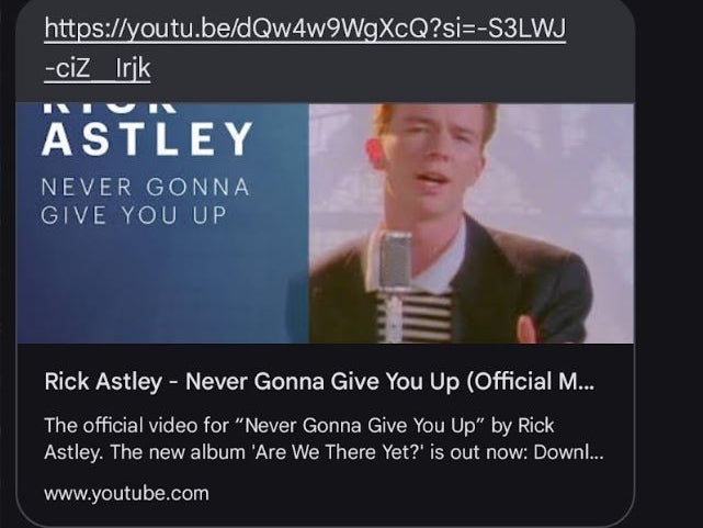 Yes, my friend took this opportunity to rickroll me. | Image credit — PhoneArena - Google’s graveyard grows as Messages app removes YouTube picture-in-picture support