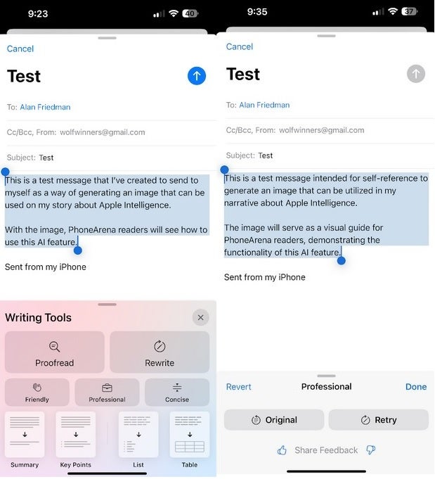 Writing Tools will change the tone of your email, summarize an email, and more. | Image credit-PhoneArena - Google impressed with Pixel&#039;s new AI capabilities; time to take another look at Apple Intelligence