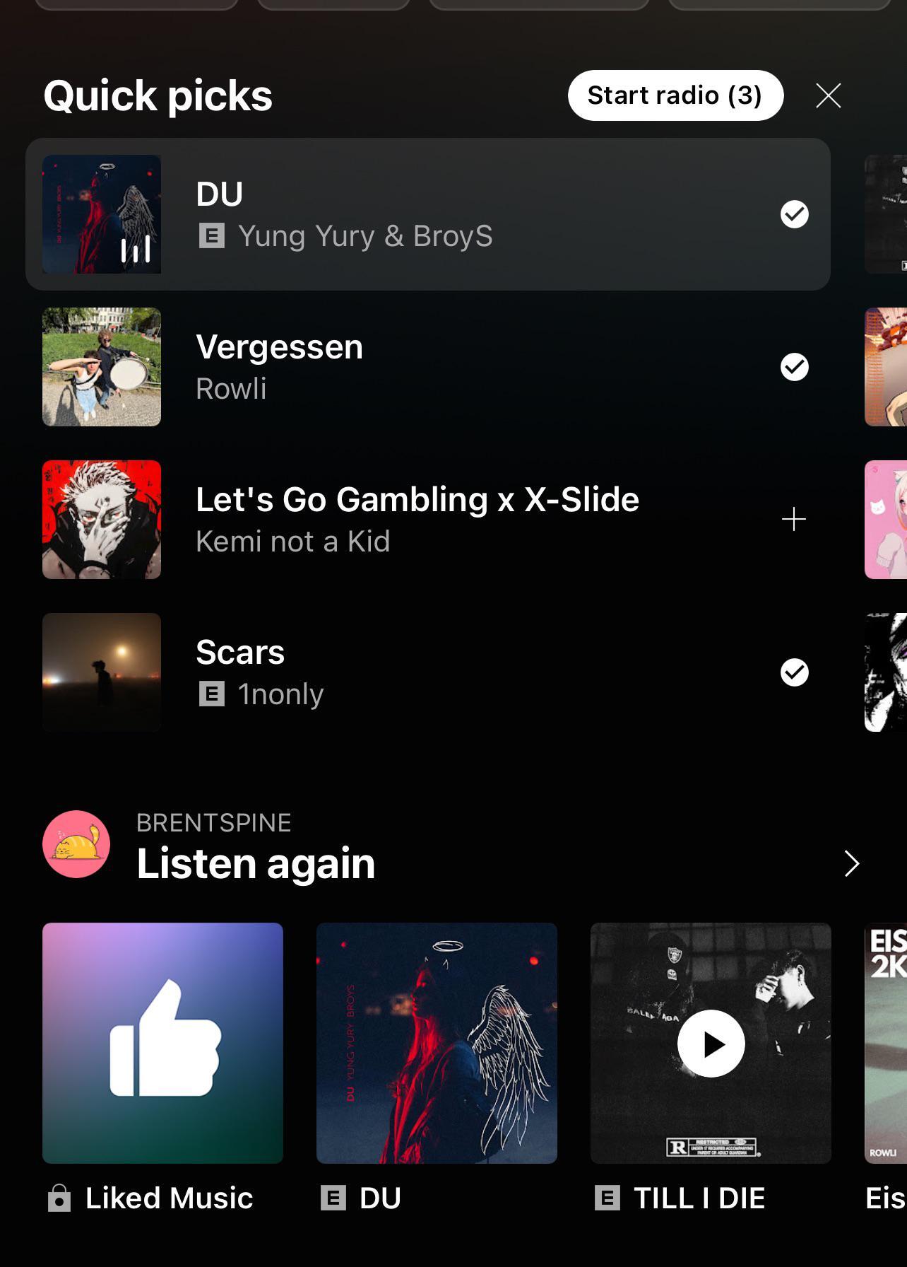 You will be able to choose multiple tracks from a list of 20 to create your custom radio station. | Image credit – brentspine/Reddit - YouTube Music experiments with a multi-song radio feature