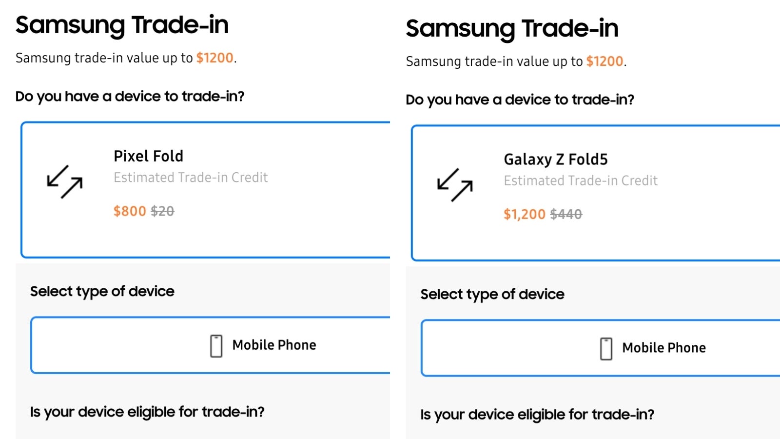 Samsung gives you $40 more for Google’s own Pixel Fold, and more than double for a Galaxy Z Fold 5 trade-in - that’s $1,200 vs $540 from Google. - Google’s abysmal Pixel 9 trade-in offers: $700 for a $2,200 phone in mint condition?!