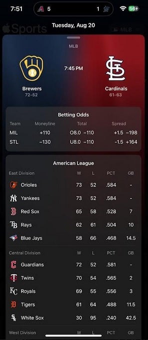 Apple Sports shows gambling odds and the standings, but where are the all-important wild card standings? | Image credit-PhoneArena - Despite today's update, it's a swing and a miss for the Apple Sports app