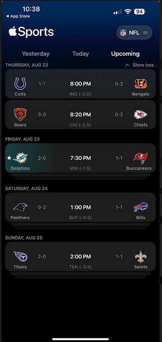 The latest update to Apple Sports adds NFL games, teams, and standings to the app. | Image credit-PhoneArena - Despite today's update, it's a swing and a miss for the Apple Sports app