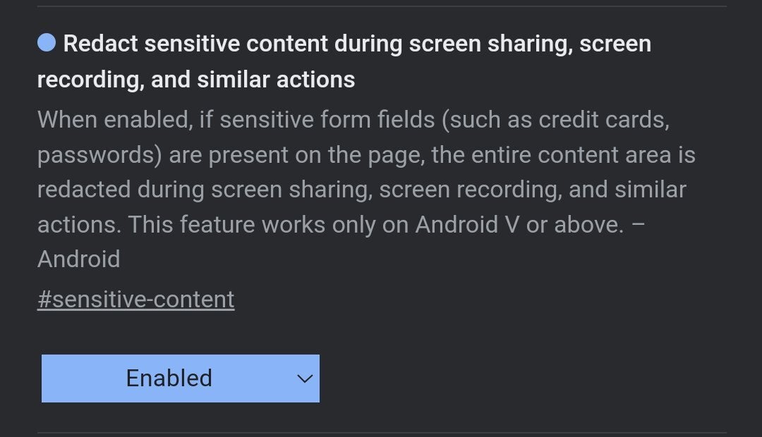 The experimental feature was spotted in Chrome for Android. | Image credit – Leopeva64 - Chrome for Android to protect sensitive data during screen sharing