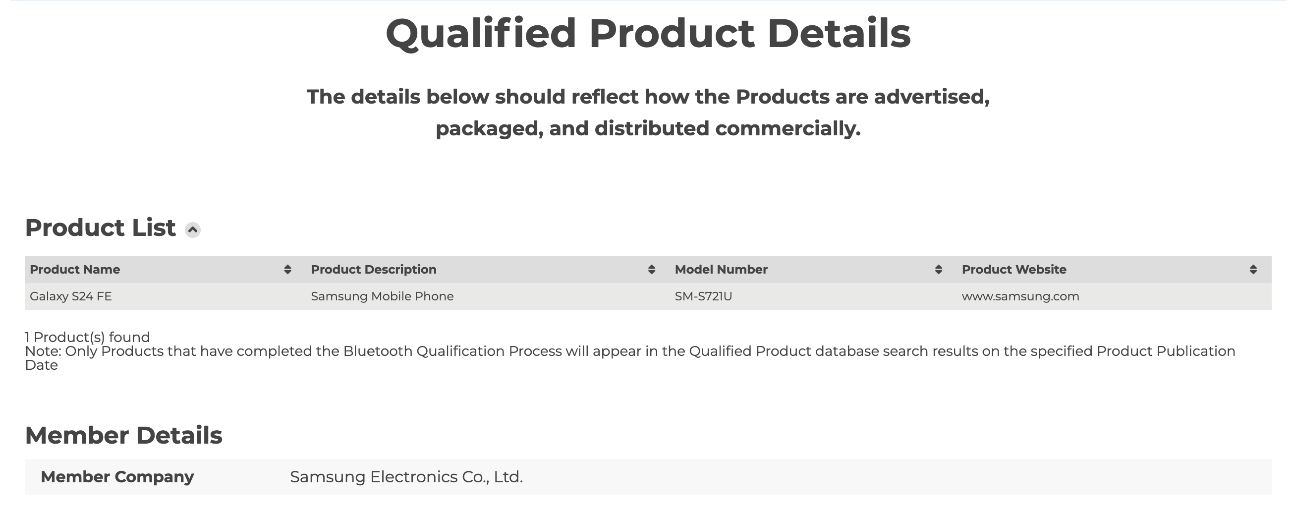 Galaxy S24 FE on the Bluetooth SIG website. | Screenshot by PhoneArena - New certification hints the Samsung Galaxy S24 FE is getting closer to launch