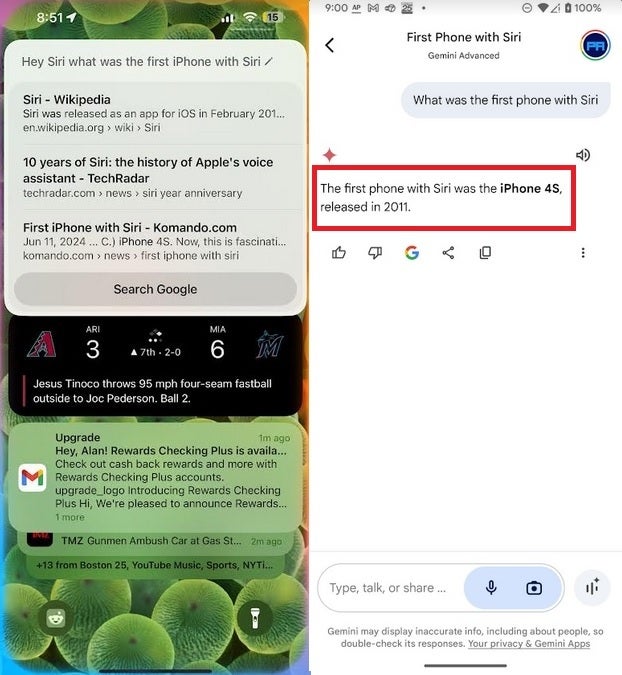 Ask Siri a question and you get three websites to go through. Ask Gemini Advanced and get a single, correct answer. | Image credit-PhoneArena - The big changes to Siri that you're looking for will arrive before the end of the year