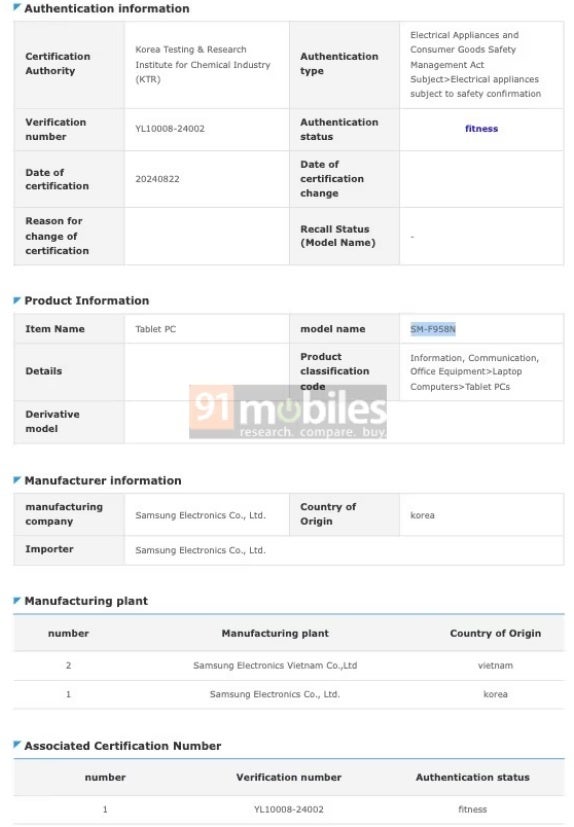 The Galaxy Z Fold 6 Slim/Ultra is certified in South Korea. | Image credit-91mobiles - Galaxy Z Fold 6 Slim is closer to getting introduced following certification in South Korea