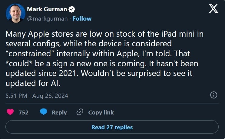 Bloomberg's Mark Gurman says that a new iPad mini could be on the way. | Image credit-Mark Gurman - Apple insider says decline in iPad mini inventory might lead to something new