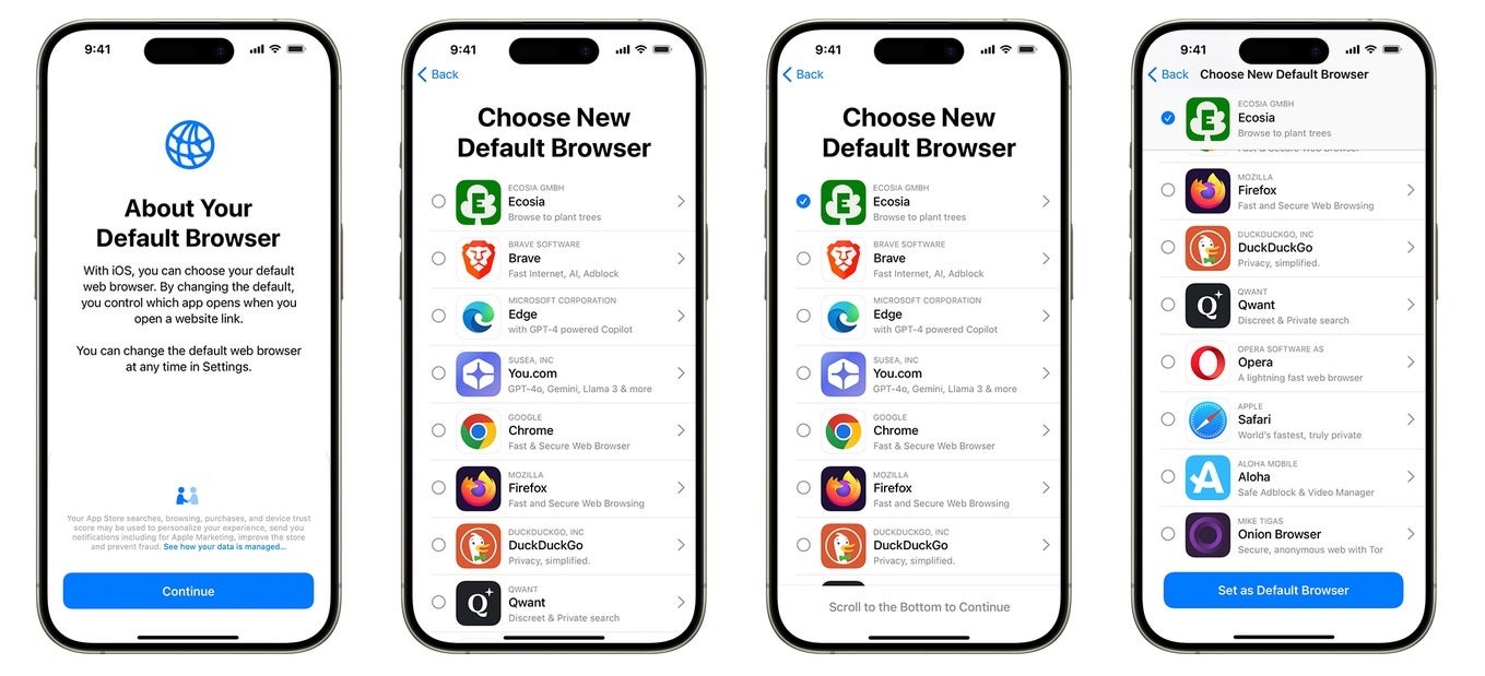 A new screen allowing iPhone and iPad users to select a default browser is coming to the EU. | Image credit-Apple - Some iPhone users will be able to remove the App Store, Messages, Photos, Camera, and Safari apps