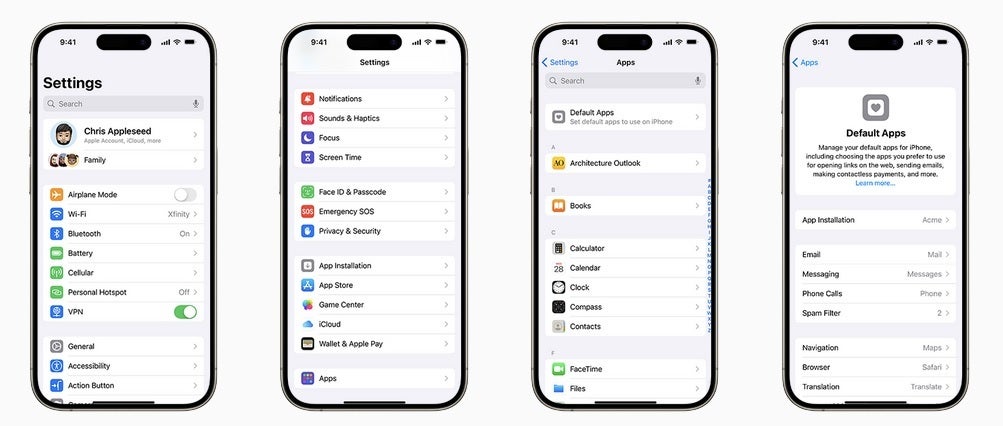 In the EU, iPhone and iPad owners will be able to manage their default apps with the Default Apps section. | Image credit-Apple - Some iPhone users will be able to remove the App Store, Messages, Photos, Camera, and Safari apps