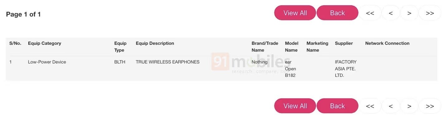 The new Ear Open model on the Singapore's IMDA database. - Nothing's upcoming earbuds might be quite different from earlier releases