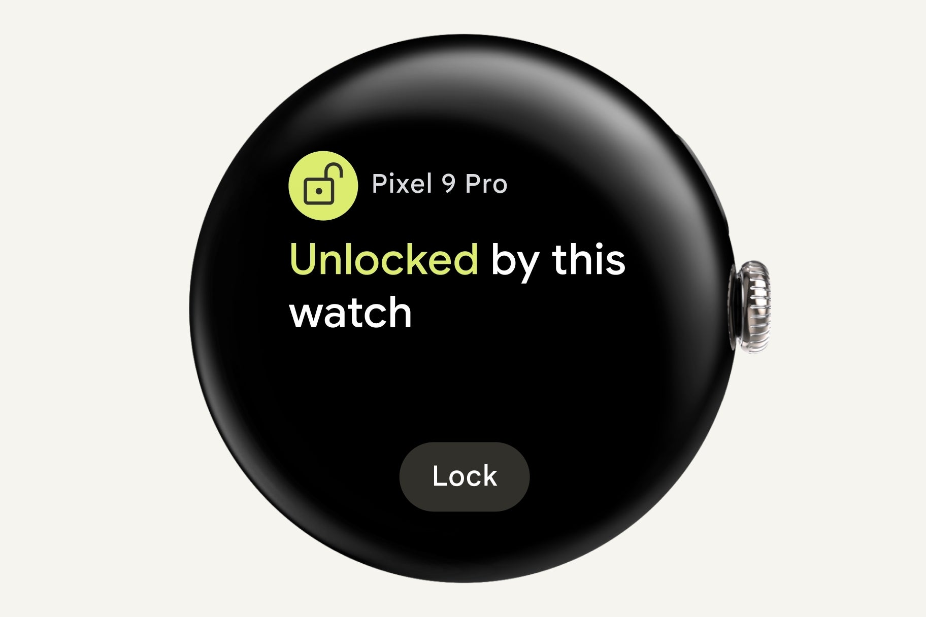 Pixel Watch 3 screen confirming that it has unlocked a Pixel 8 Pro phone with the watch