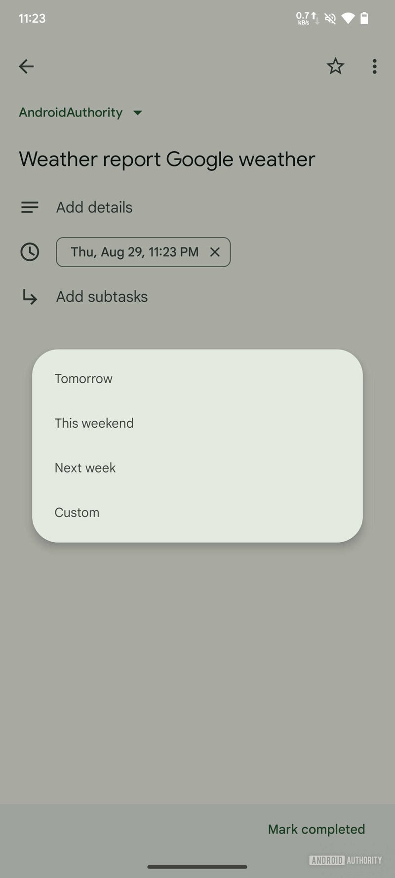 Screenshot of Google Calendar app showing options to reschedule a task