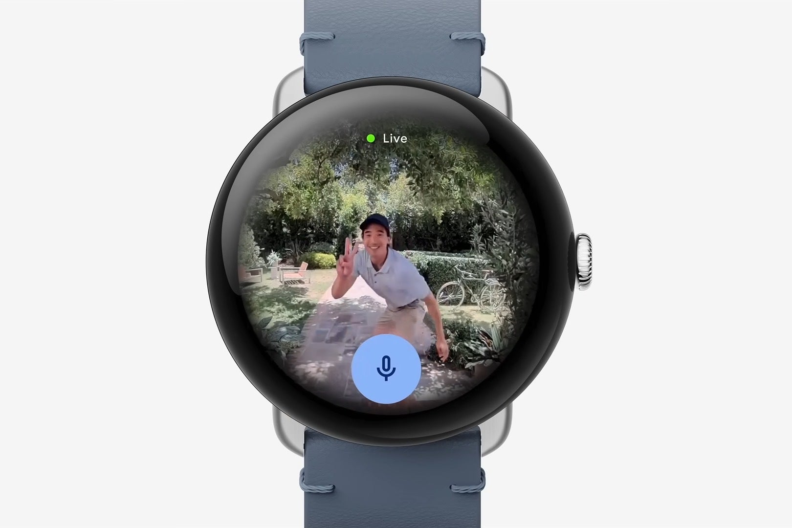 Screen grab of Pixel Watch 3 displaying live Next Cam feed