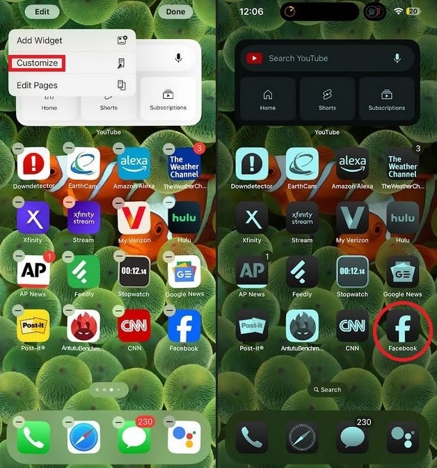 Home Screen app icons get color theming in iOS 18. | Image credit-PhoneArena - Facebook&#039;s new app icon for iOS might have looked nice but it was just a glitch