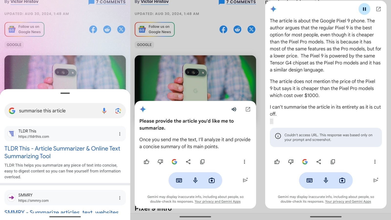 Screenshot of Google&amp;#039;s AI web page summary feature on Pixel 8 Pro.