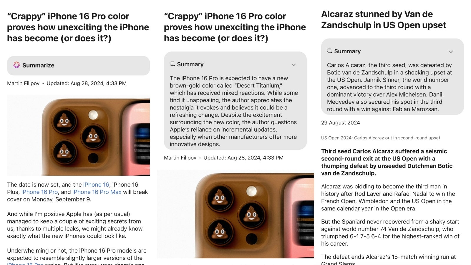 Screenshot of Apple&amp;#039;s web page summary feature as seen on iPhone 15 Pro.