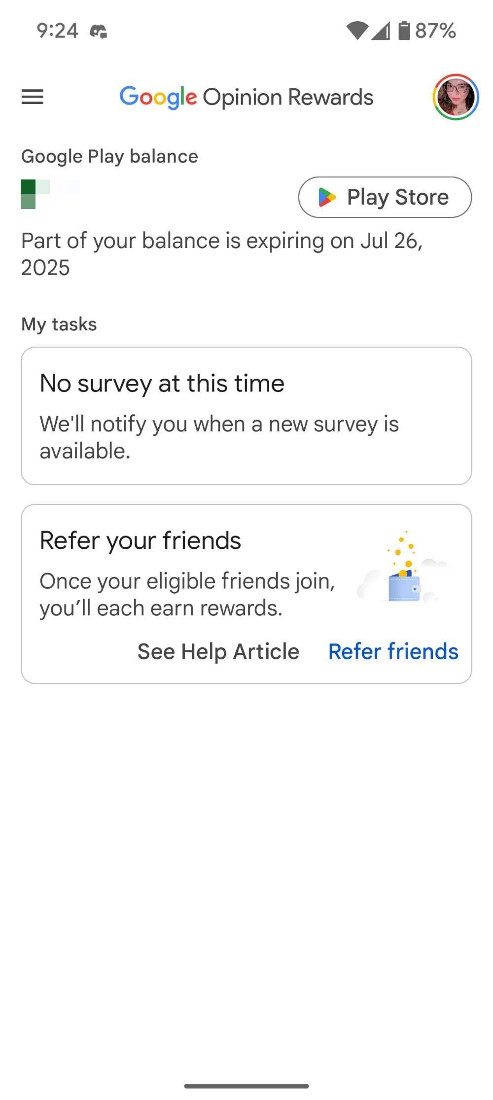 Screenshot of Google Opinion Rewards app showing earnings