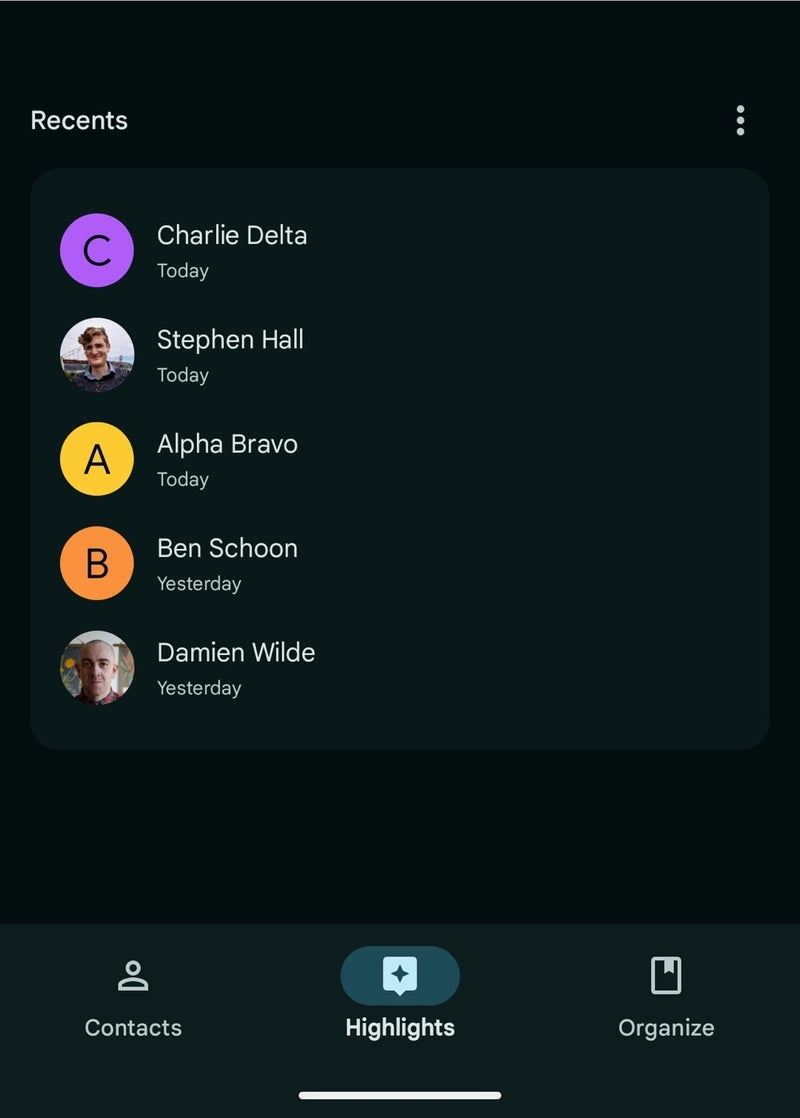 Screenshot of Google Contacts app "Highlights" tab