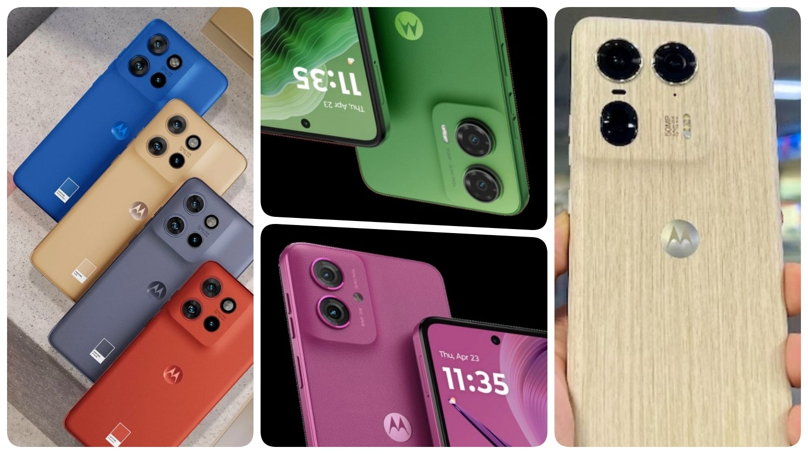 Motorola flagship, mid-range, and budget phones showing off different colors and materials.