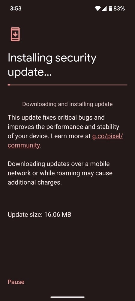 A screenshot of the system update screen on a Pixel device