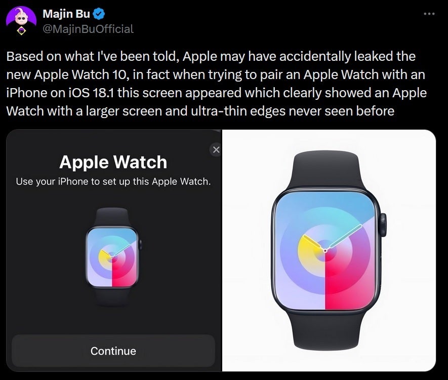 A bug caused this image of the Apple Watch Series 9 to look like a new model with a larger screen and thinner bezels. | Image credit-Majin Bu - Image of Apple Watch Series 10 with ultra-thin bezels posted by leaker is a bu-bu