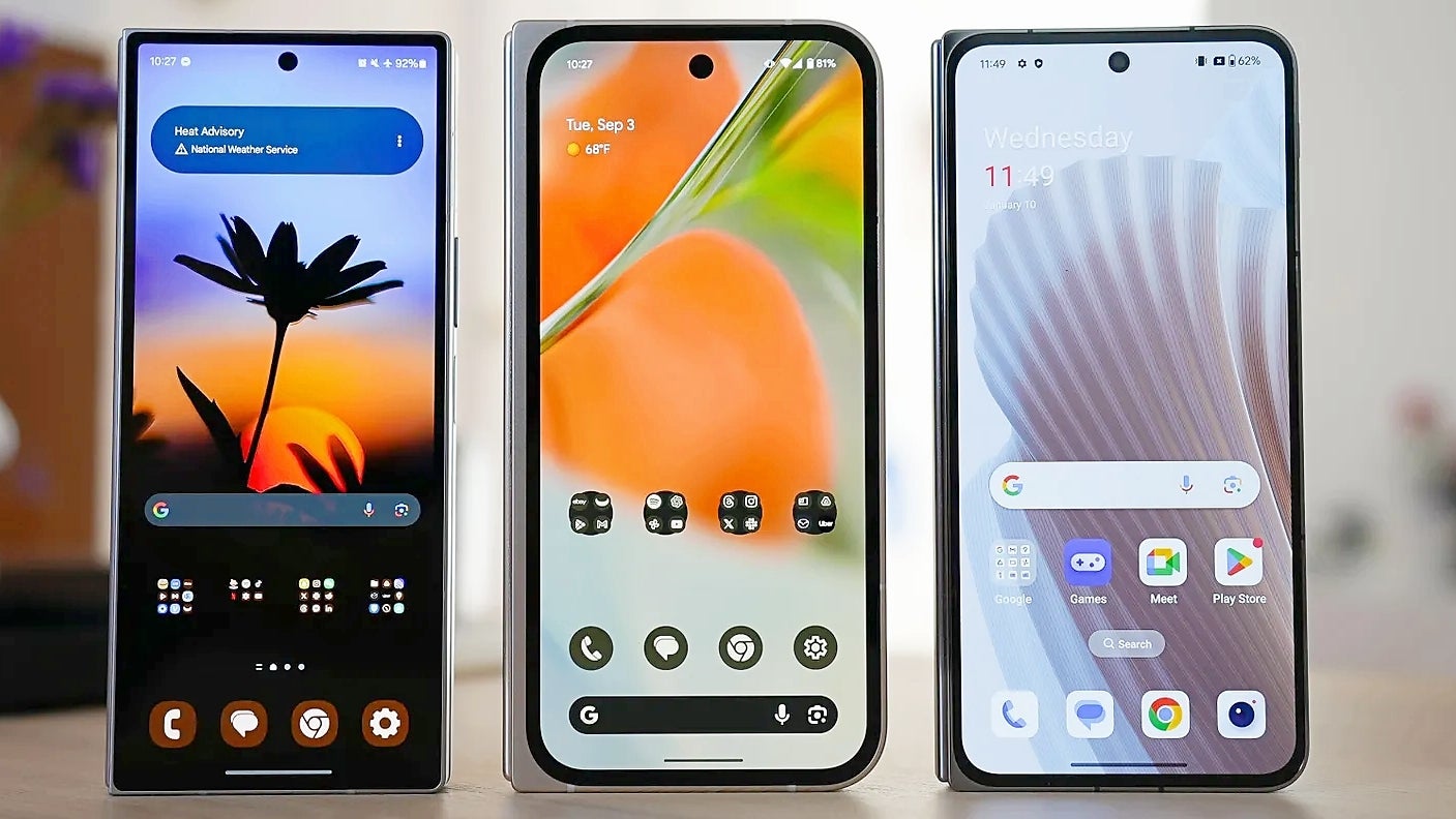 Galaxy Z Fold 6, Pixel 9 Pro Fold, Oppo Find N3 pictured together.