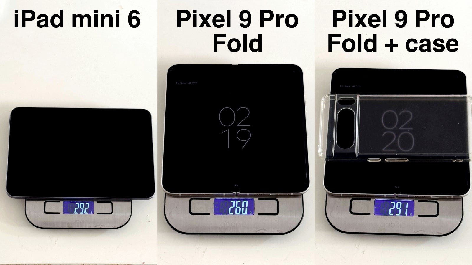 Pixel 9 Pro Fold and iPad mini 6 on a scale.