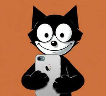 Moe from The Three Stooges and Felix the Cat holding iPhones are AI-generated images. | Image credit-Google